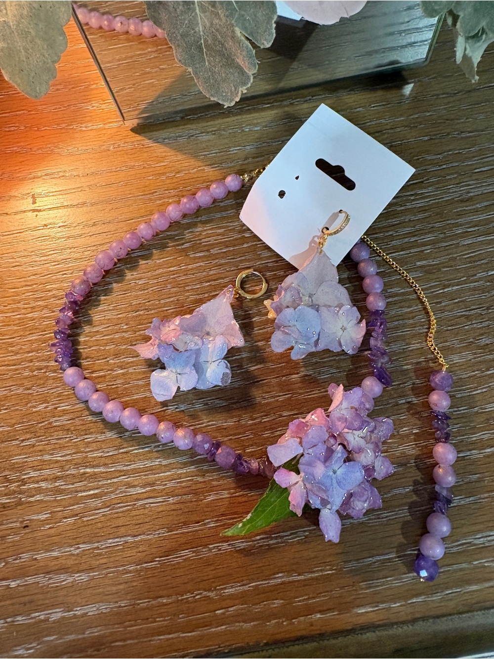 Lavender Floral Beaded Necklace and Earrings Set